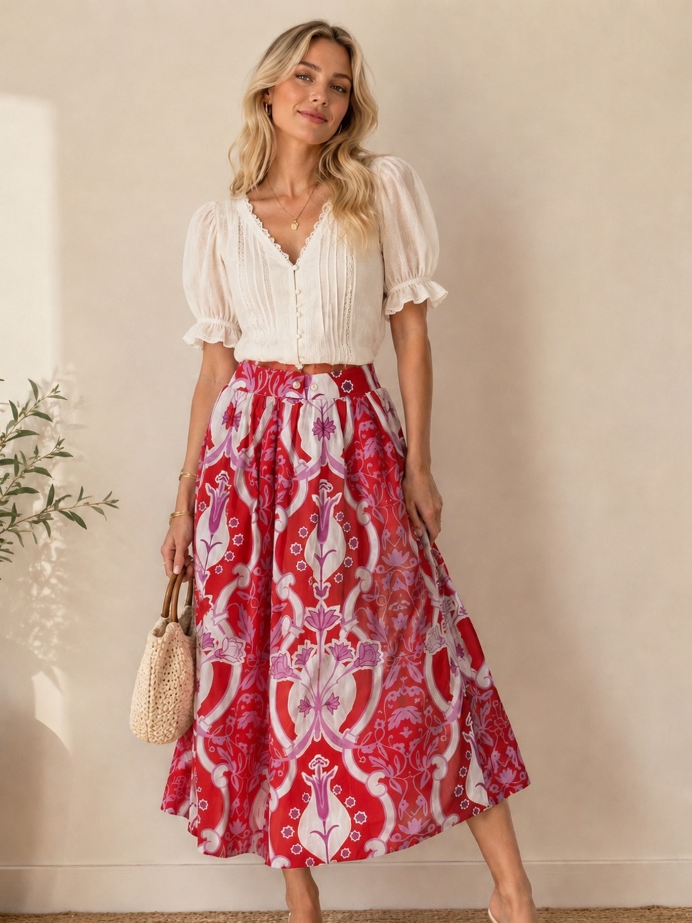 Beyond By Vera Ana  Red Floral Maxi Skirt with Flowing Silhouette